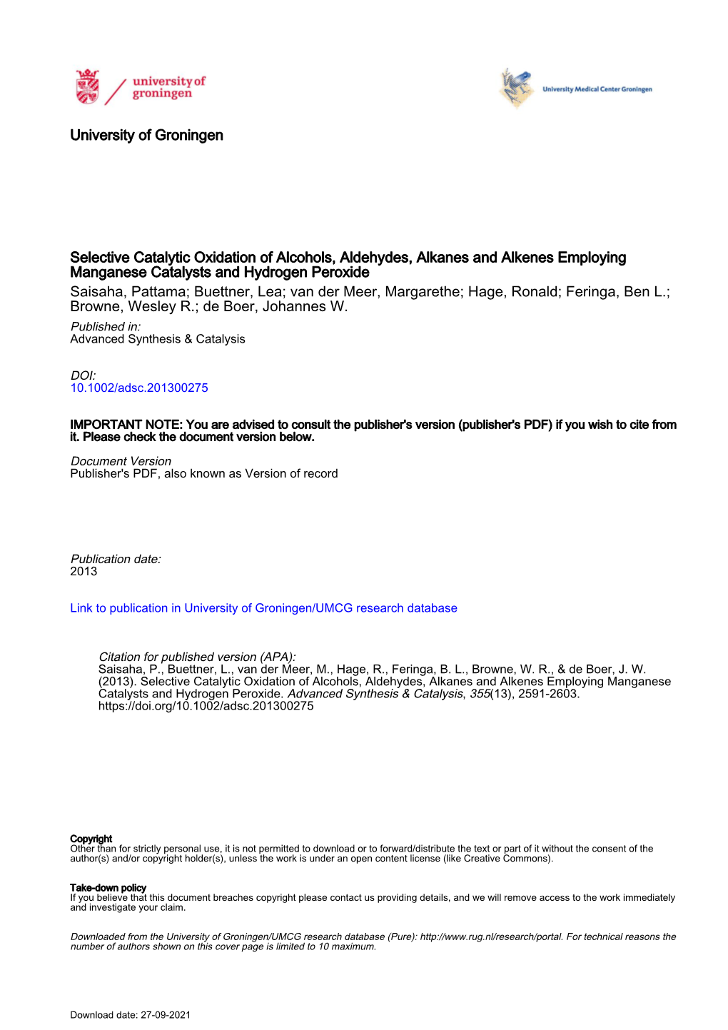 Selective Catalytic Oxidation of Alcohols, Aldehydes, Alkanes And