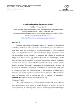 A Study on Legalising Euthanasia in India 1AGILA S ,2Dhanasekar