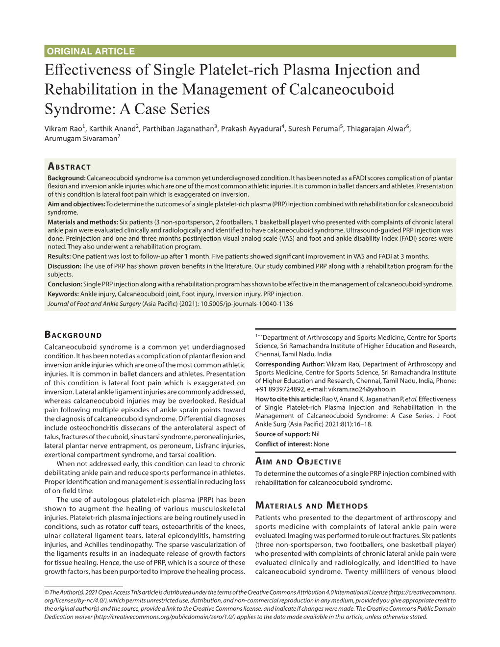 Effectiveness of Single Platelet-Rich Plasma Injection and Rehabilitation in the Management of Calcaneocuboid Syndrome