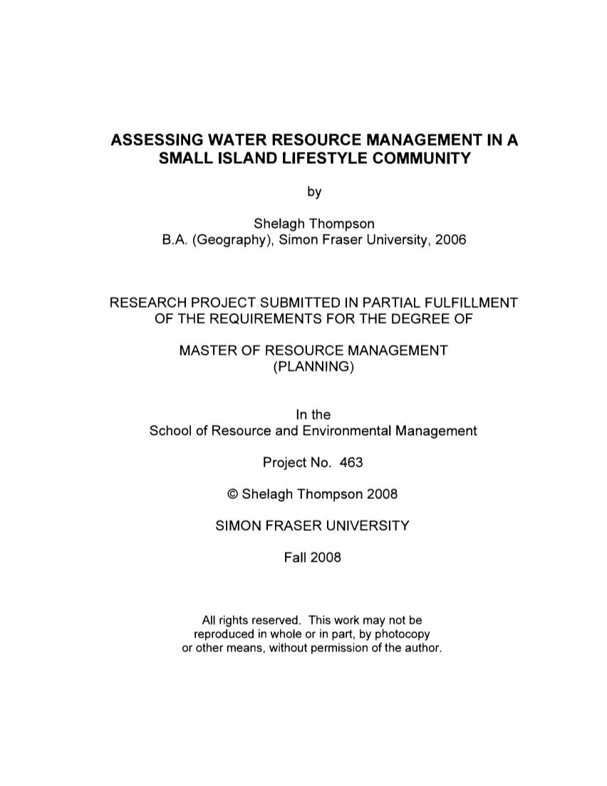 Assessing Water Resource Management in a Small Island Lifestyle Community