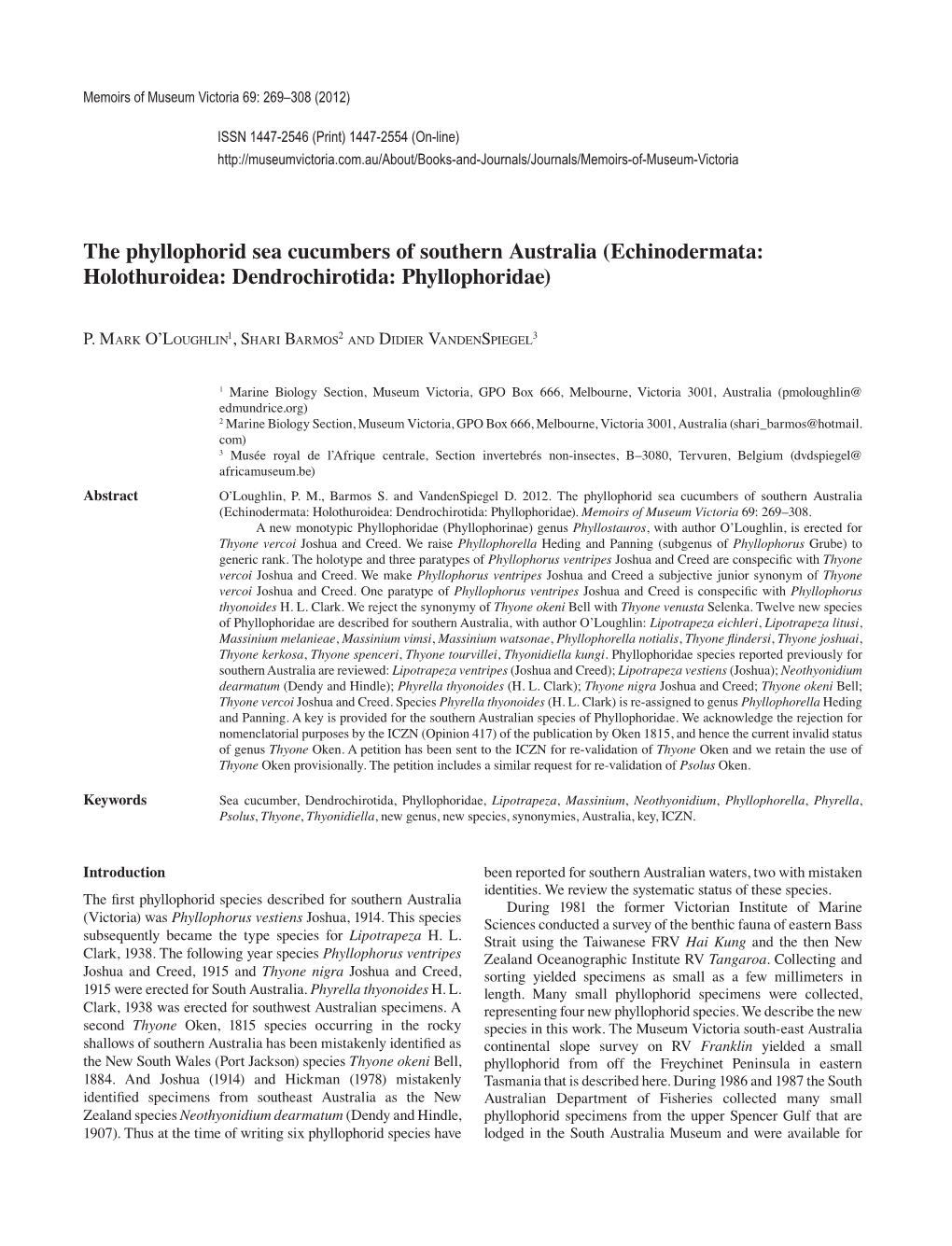 The Phyllophorid Sea Cucumbers of Southern Australia (Echinodermata: Holothuroidea: Dendrochirotida: Phyllophoridae)