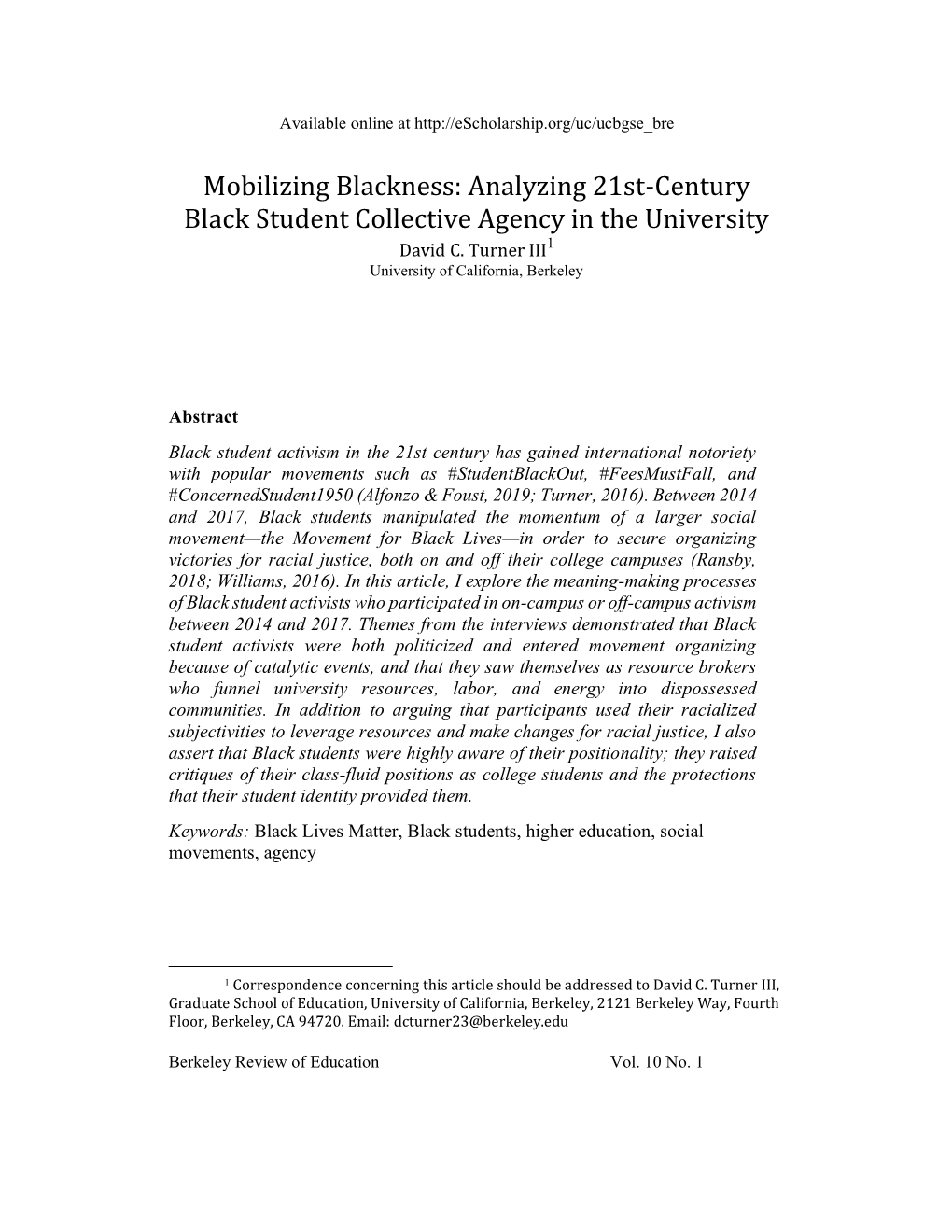 Analyzing 21St-Century Black Student Collective Agency in the University David C