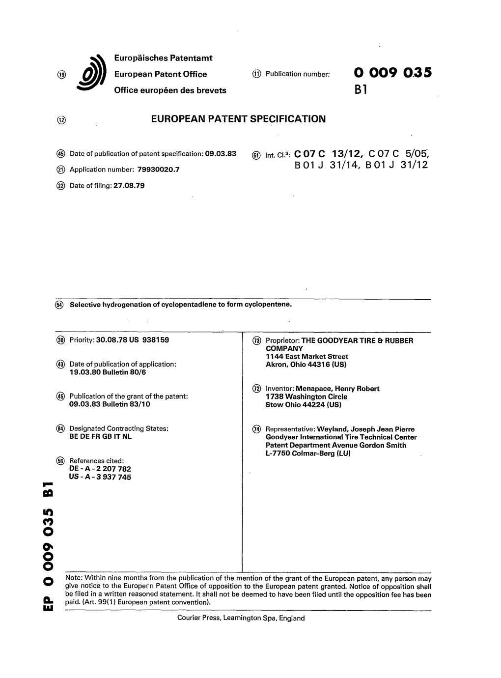 Selective Hydrogenation of Cyclopentadiene to Form Cyclopentene