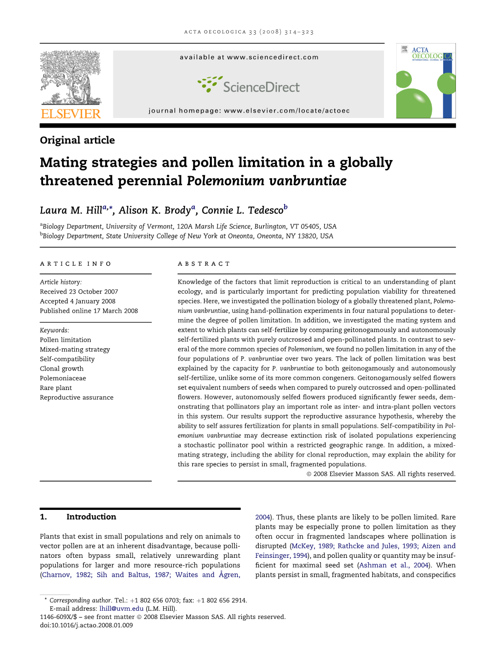 Mating Strategies and Pollen Limitation in a Globally Threatened Perennial Polemonium Vanbruntiae