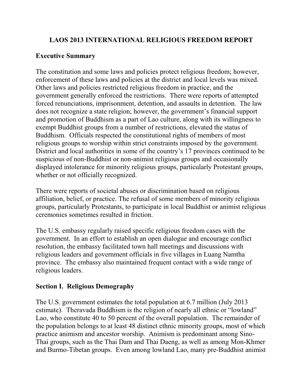 Laos 2013 International Religious Freedom Report