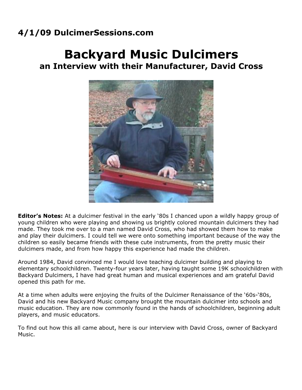 Backyard Music Dulcimers an Interview with Their Manufacturer, David Cross