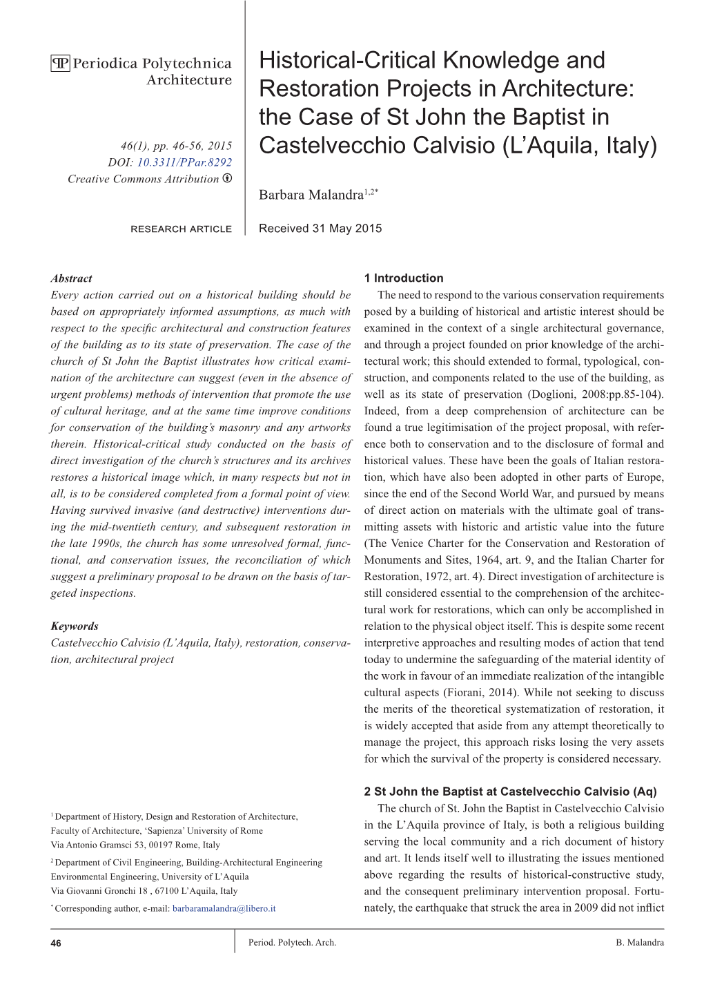 Historical-Critical Knowledge and Restoration Projects in Architecture: the Case of St John the Baptist in Castelvecchio Calvisi