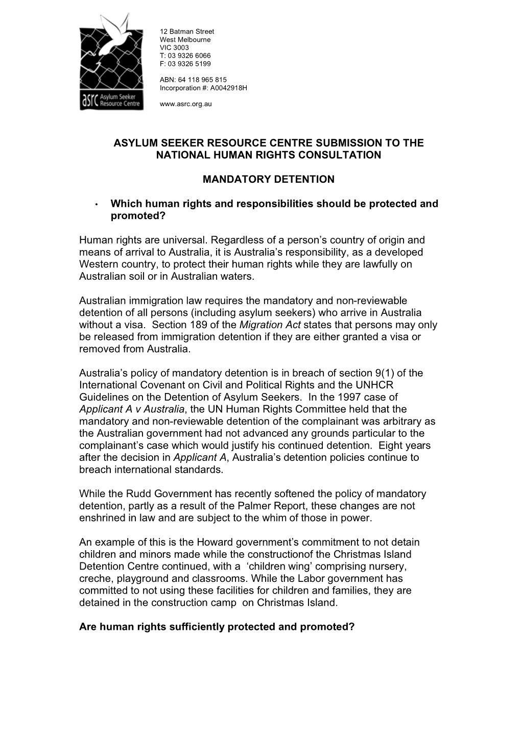 Asrc Submission to the National Human Rights