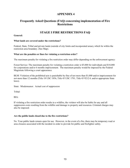 APPENDIX 4 Frequently Asked Questions (FAQ) Concerning Implementation of Fire Restrictions STAGE I FIRE RESTRICTIONS