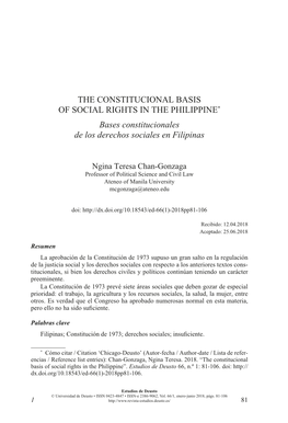 THE CONSTITUCIONAL BASIS of SOCIAL RIGHTS in the PHILIPPINE* Bases Constitucionales De Los Derechos Sociales En Filipinas