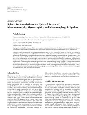 Review Article Spider-Ant Associations: an Updated Review of Myrmecomorphy, Myrmecophily, and Myrmecophagy in Spiders