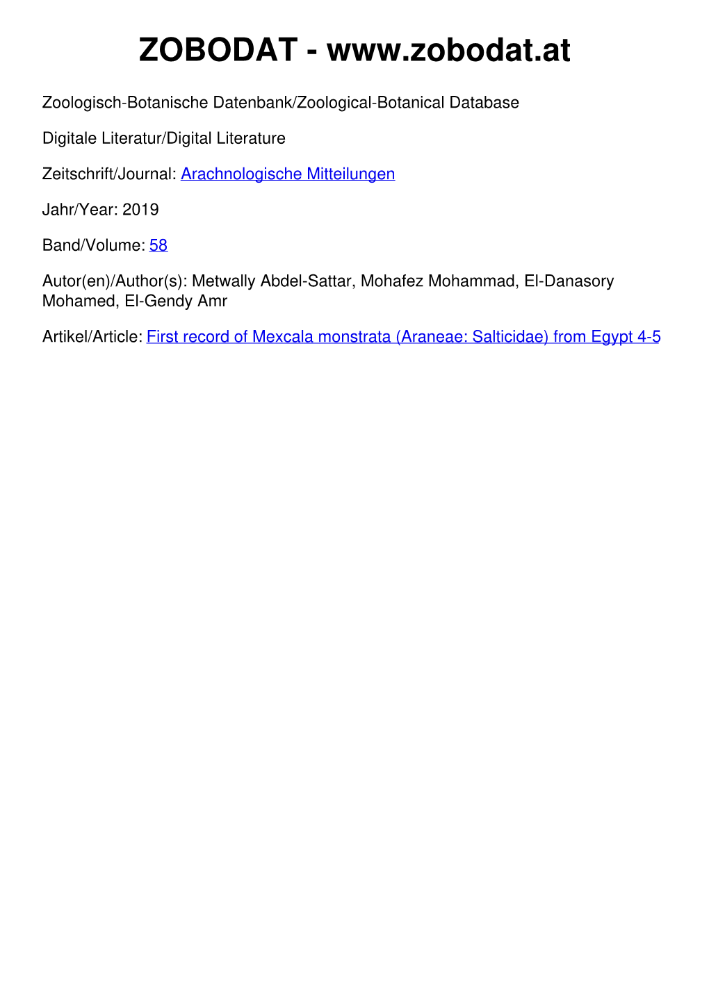 First Record of Mexcala Monstrata (Araneae: Salticidae) from Egypt 4-5 Arachnologische Mitteilungen / Arachnology Letters 58: 4-5 Karlsruhe, September 2019