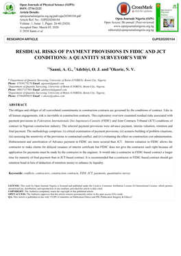 Residual Risks of Payment Provisions in Fidic and Jct Conditions: a Quantity Surveyor’S View