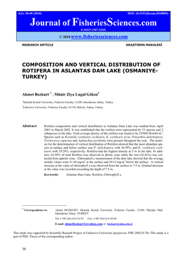 Composition and Vertical Distribution of Rotifera in Aslantas Dam Lake (Osmaniye- Turkey)