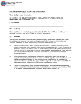 CODE of COLORADO REGULATIONS 5 CCR 1002-93 Water Quality Control Commission