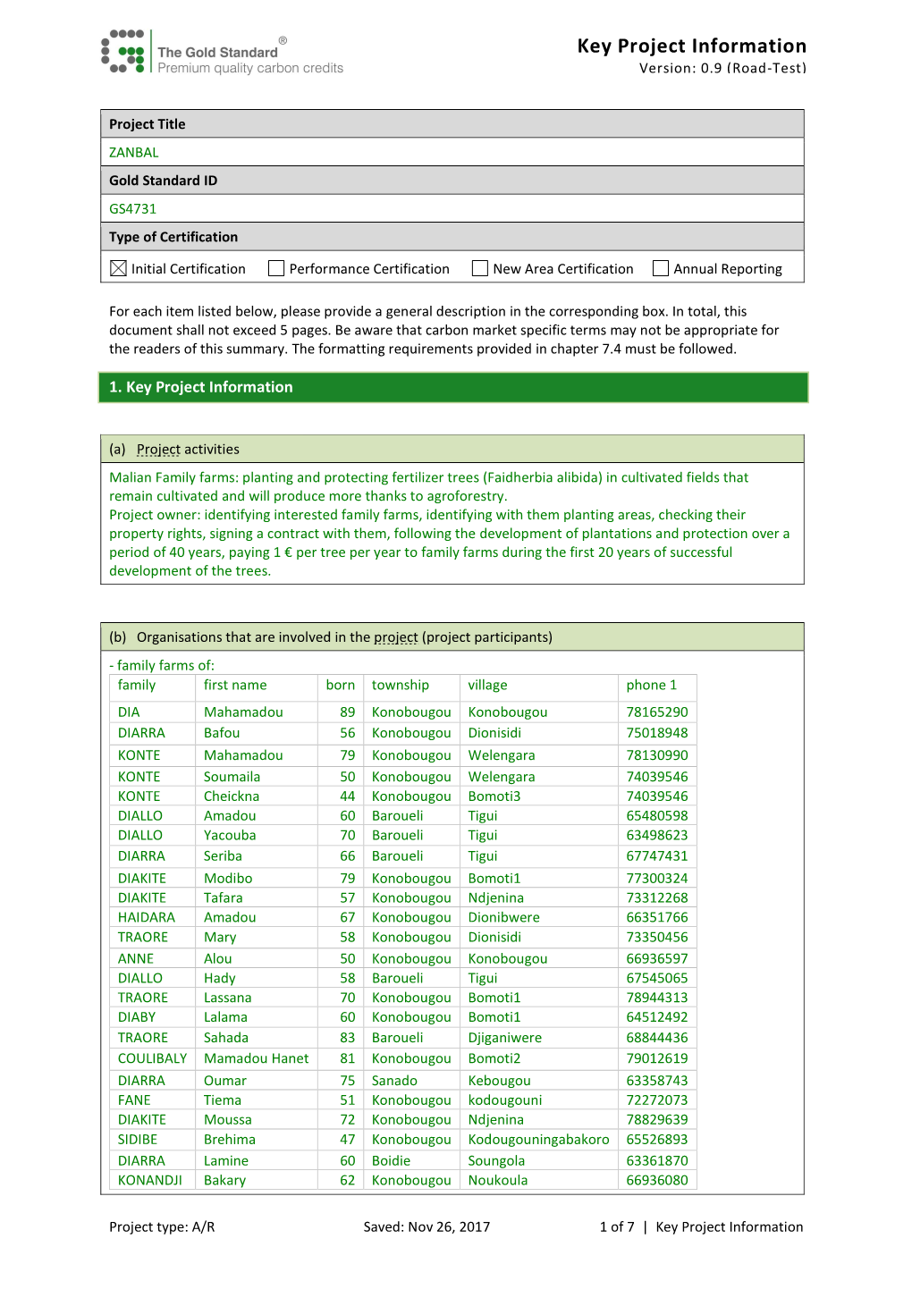 Key Project Information Version: 0.9 (Road-Test)