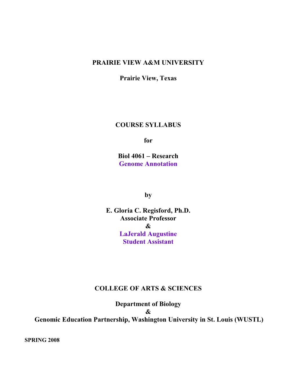 Course Syllabus for General Biology I (1406)