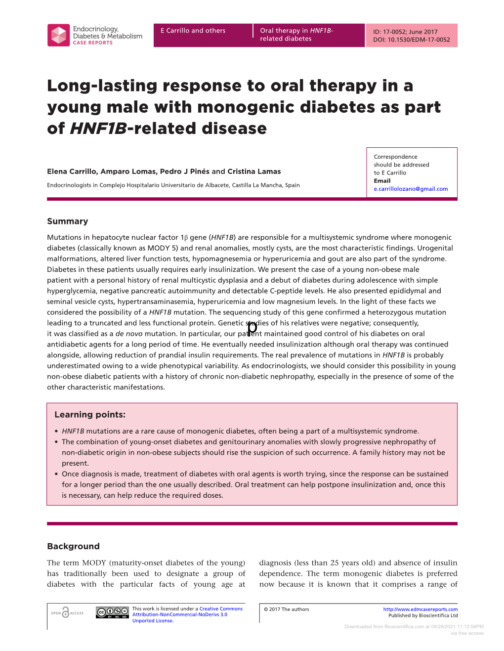 Long-Lasting Response to Oral Therapy in a Young Male with Monogenic Diabetes As Part of HNF1B-Related Disease