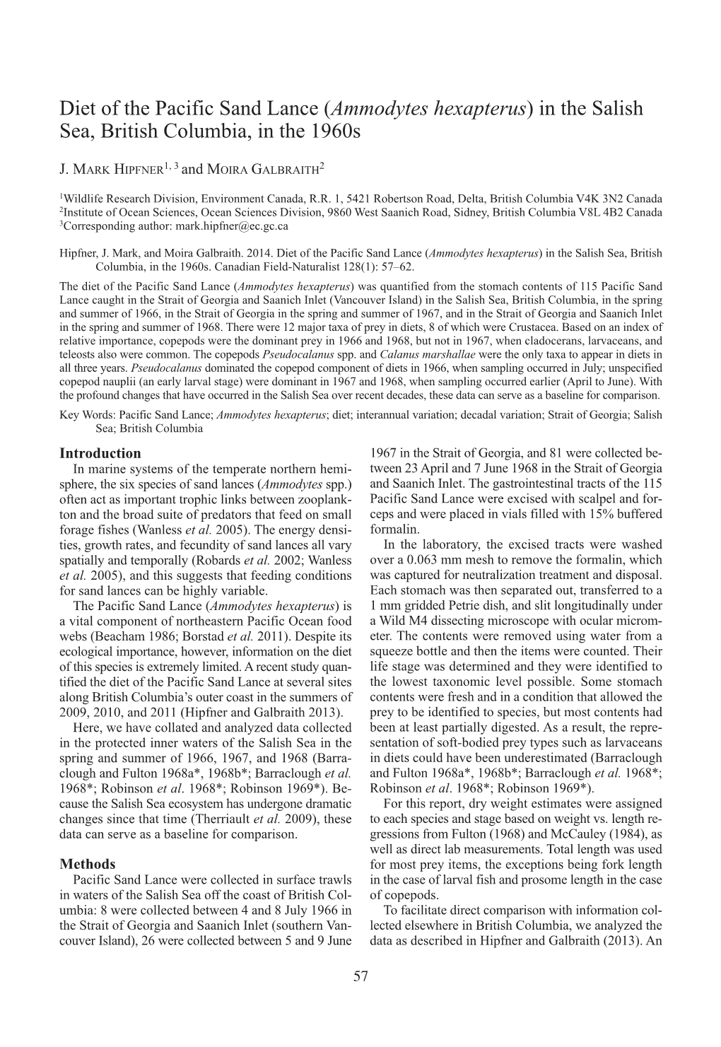 Diet of the Pacific Sand Lance (Ammodytes Hexapterus)