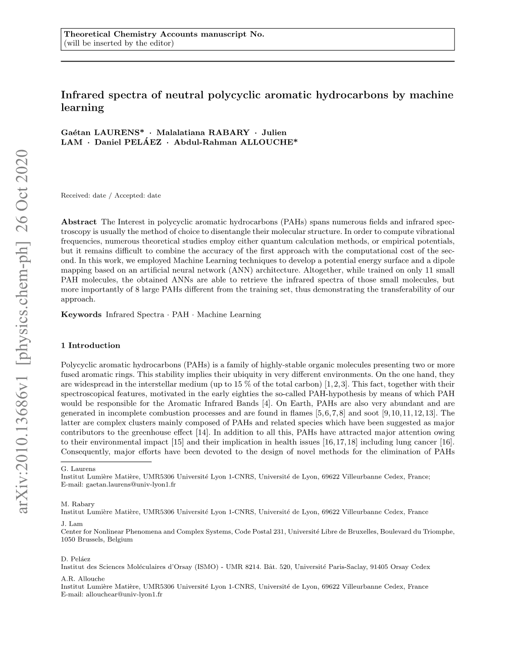 Arxiv:2010.13686V1 [Physics.Chem-Ph] 26 Oct 2020 Institut Lumi`Eremati`Ere,UMR5306 Universit´Elyon 1-CNRS, Universit´Ede Lyon, 69622 Villeurbanne Cedex, France J