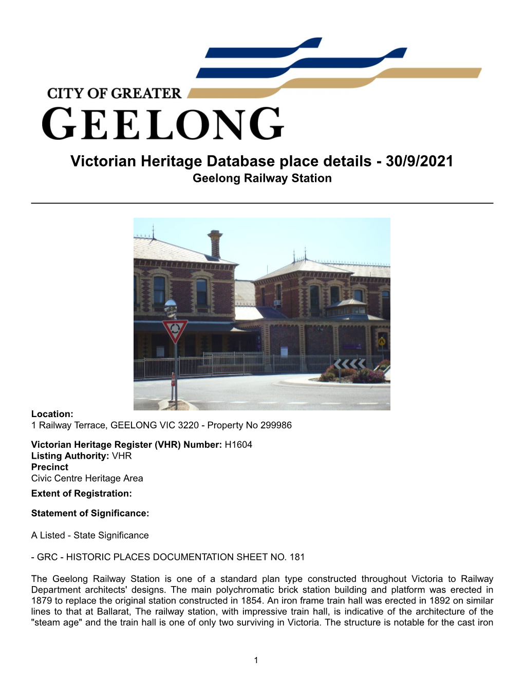 Victorian Heritage Database Place Details - 30/9/2021 Geelong Railway Station