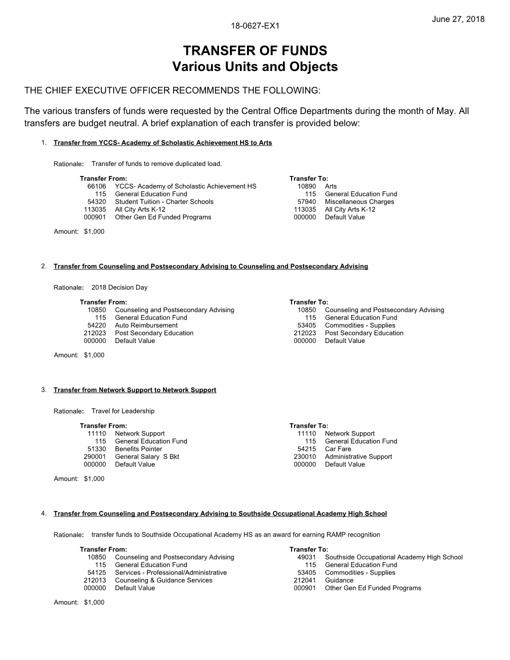 18-0627-EX1 TRANSFER of FUNDS Various Units and Objects