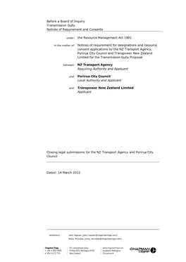 Closing Legal Submissions for the NZ Transport Agency and Porirua City Council