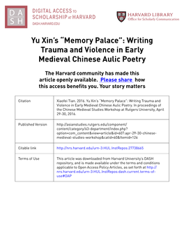 Yu Xin's “Memory Palace”: Writing Trauma and Violence in Early Medieval Chinese Aulic Poetry