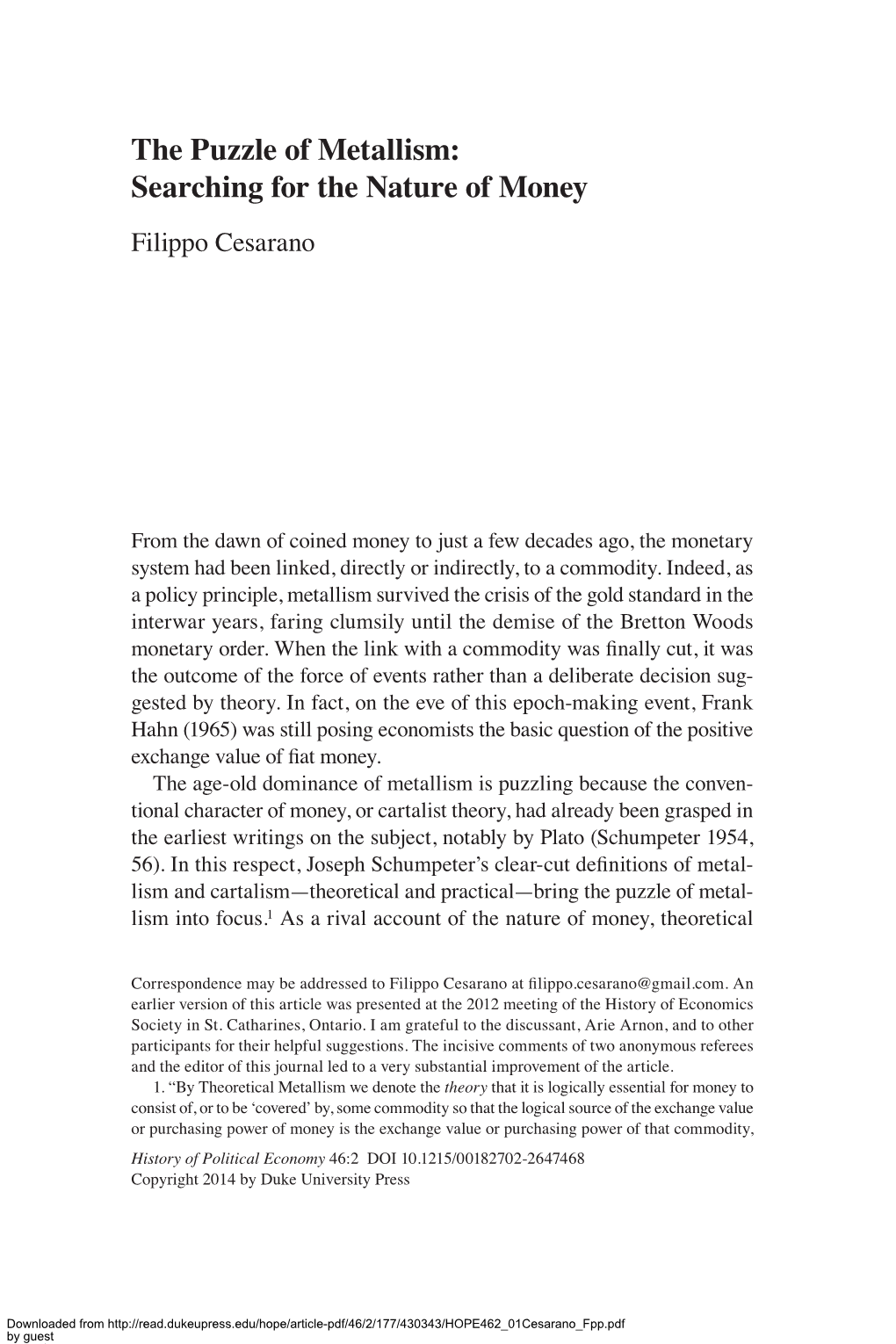 The Puzzle of Metallism: Searching for the Nature of Money Filippo Cesarano