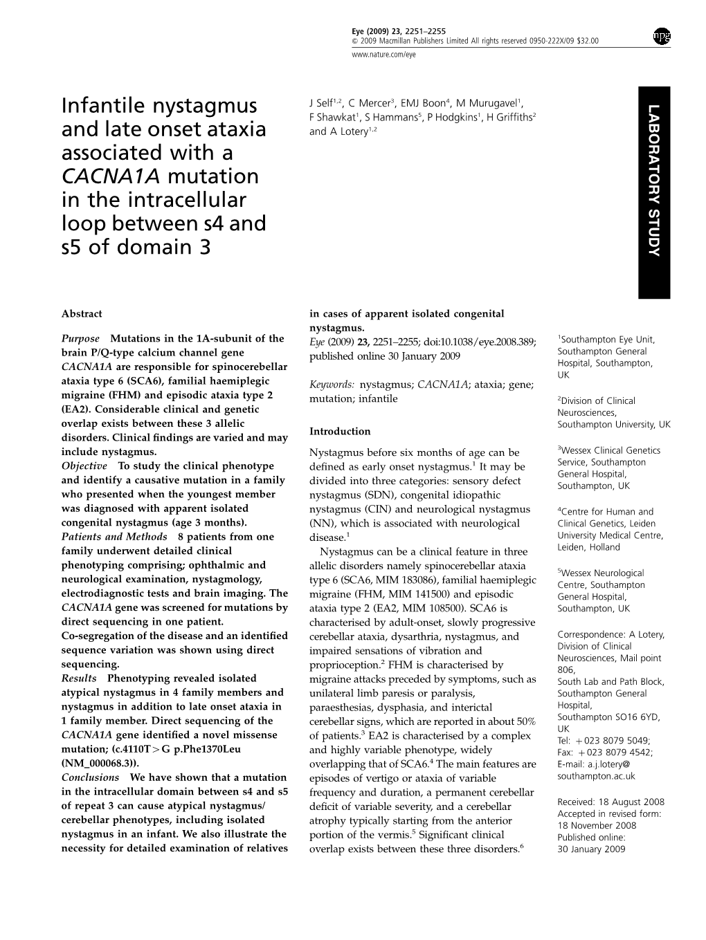 Infantile Nystagmus and Late Onset Ataxia Associated with a CACNA1A Mutation in the Intracellular Loop Between S4 and S5 of Doma