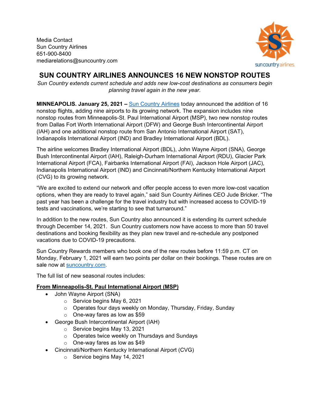 Sun Country Airlines Announces 16 New Nonstop