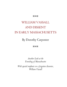 William Vassall and Dissent in Early Massachusetts