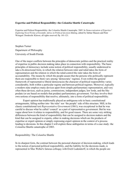 Expertise and Political Responsibility: the Columbia Shuttle Catastrophe