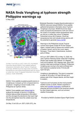 NASA Finds Vongfong at Typhoon Strength Philippine Warnings up 13 May 2020