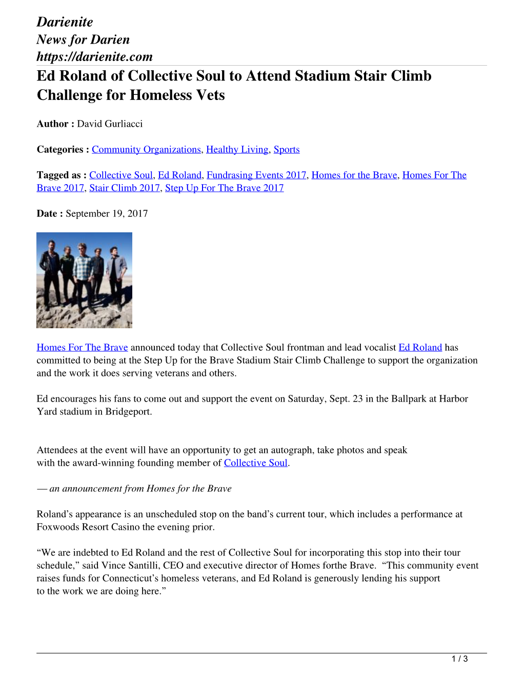 Ed Roland of Collective Soul to Attend Stadium Stair Climb Challenge for Homeless Vets