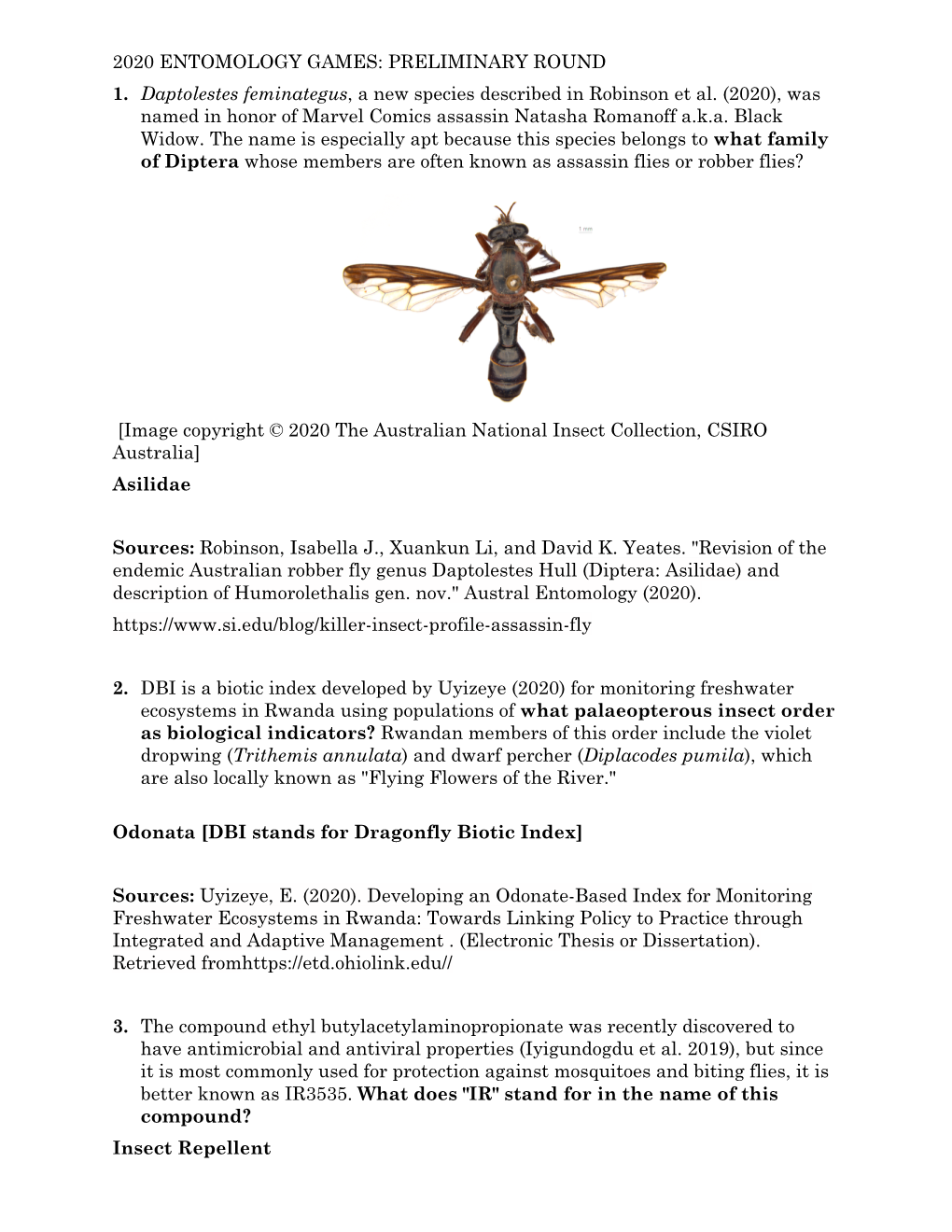 2020 Entomology Games Preliminary Round Answers
