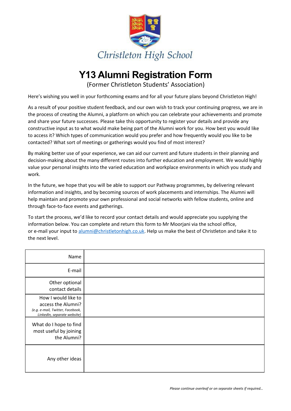 Y13 Alumni Registration Form