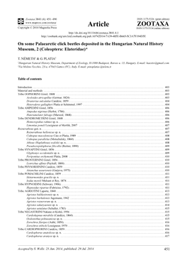 On Some Palaearctic Click Beetles Deposited in the Hungarian Natural History Museum, 2 (Coleoptera: Elateridae)*