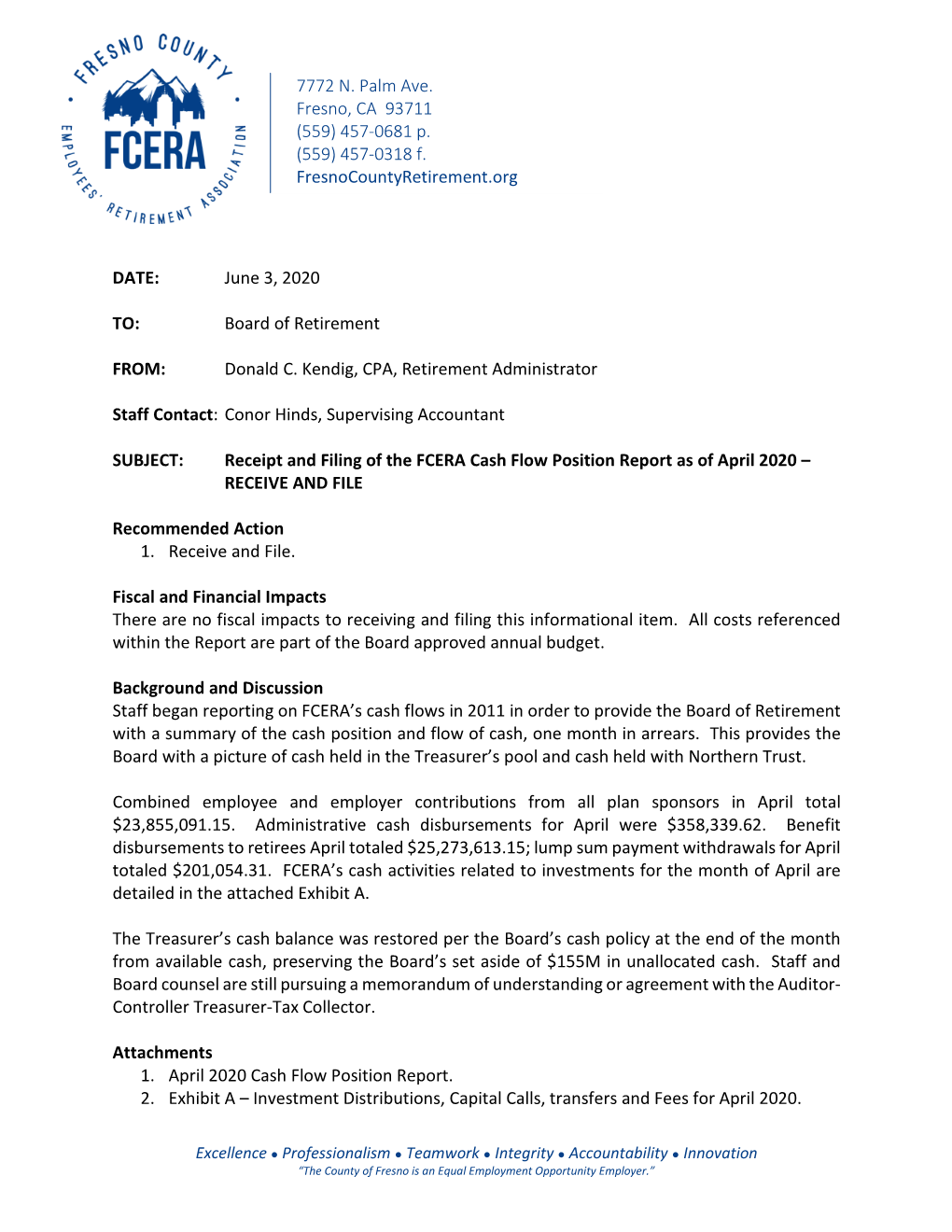 Receipt and Filing of the FCERA Cash Flow Position Report As of April 2020 – RECEIVE and FILE