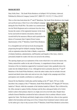BOOK REVIEW Duty Nobly Done – the South Wales Borderers at Gallipoli 1915 by Rodney Ashwood. Published by Helion & Company