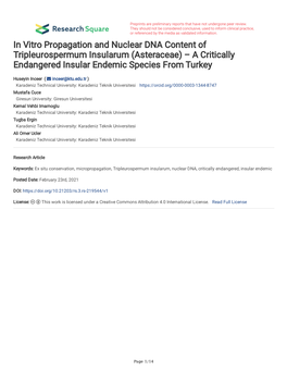 In Vitro Propagation and Nuclear DNA Content of Tripleurospermum Insularum (Asteraceae) – a Critically Endangered Insular Endemic Species from Turkey