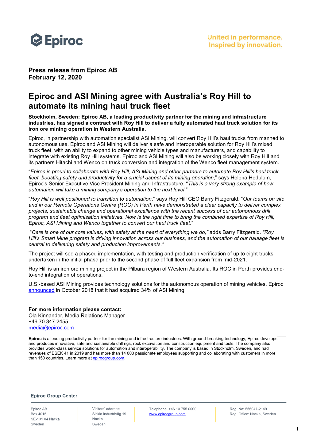 Epiroc and ASI Mining Agree with Australia's Roy Hill to Automate Its