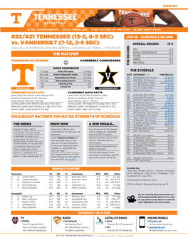 22/#21 TENNESSEE (13-5, 4-3 SEC) Vs. VANDERBILT (7-12, 2-5 SEC)