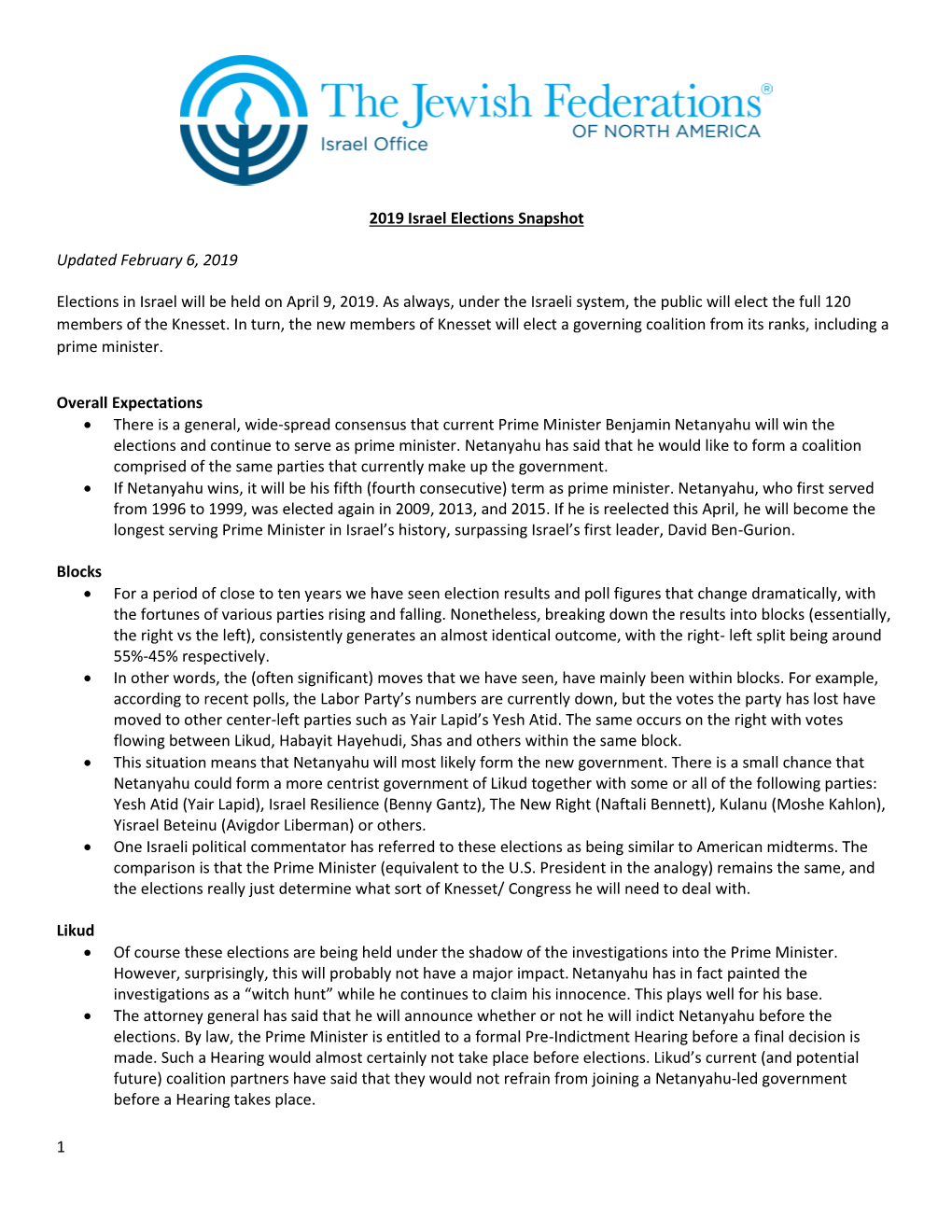 1 2019 Israel Elections Snapshot Updated February 6, 2019