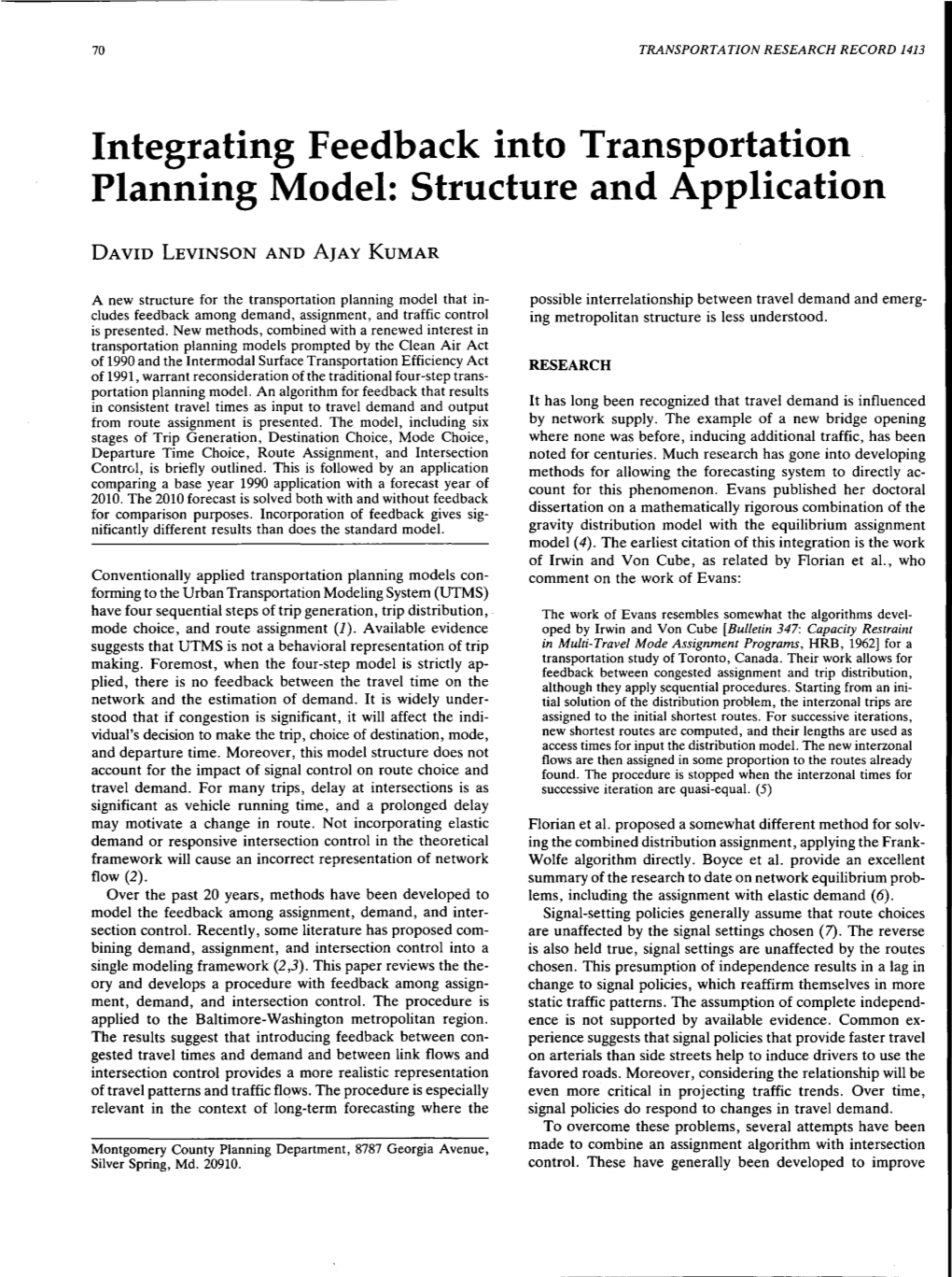 Integrating Feedback Into Transportation Planning Model: Structure and Application