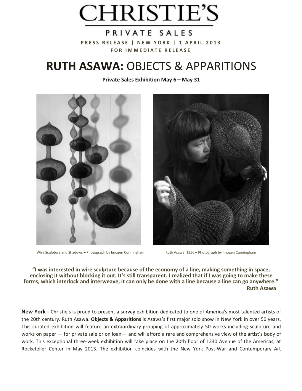 RUTH ASAWA: OBJECTS & APPARITIONS Private Sales Exhibition May 6—May 31