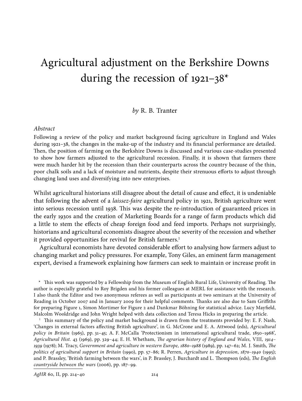 Agricultural Adjustment on the Berkshire Downs During the Recession of 1921–38*