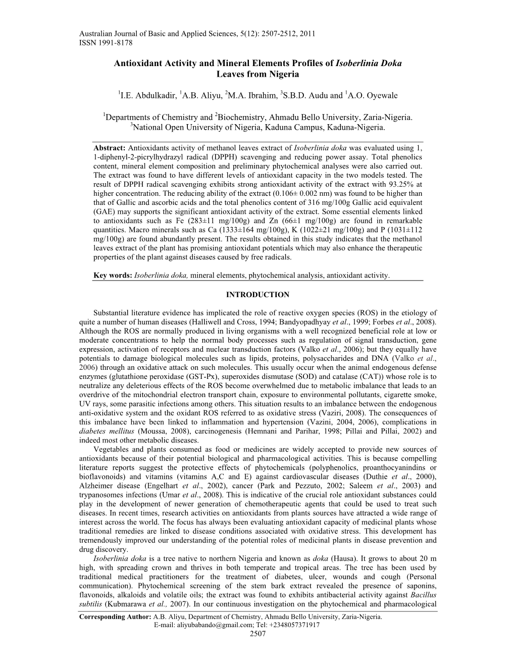 Antioxidant Activity and Mineral Elements Profiles of Isoberlinia Doka Leaves from Nigeria