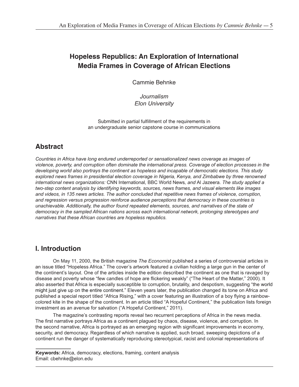 An Exploration of Media Frames in Coverage of African Elections by Cammie Behnke — 5