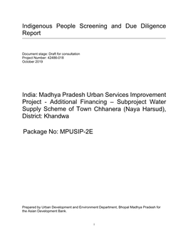 Madhya Pradesh Urban Services Improvement Project - Additional Financing – Subproject Water Supply Scheme of Town Chhanera (Naya Harsud), District: Khandwa